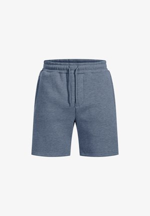 Niebieskie szorty z mieszanki bawełny z elastycznym paskiem w talii, detalami na sznurku i kieszeniami bocznymi. Gładka tekstura, długość do kolan.