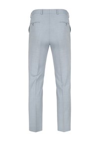 Jasnoszare spodnie o dopasowanym kroju, z tylnymi kieszeniami, gładkim przodem i gładką fakturą. Czyste linie i minimalne detale.