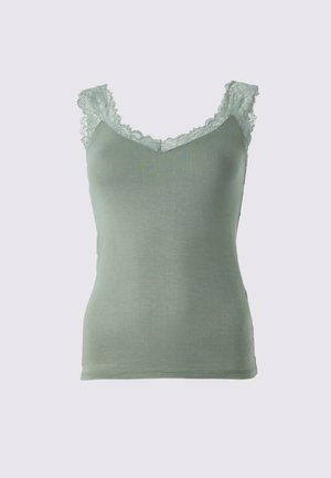 Világoszöld ujjatlan felső csipkés díszítéssel a dekoltázson és a vállakon. Puha, sima anyag, testhezálló fazon és V-nyak.