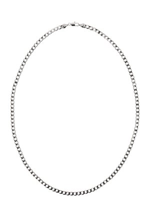 Naszyjnik o srebrnym odcieniu w stylu curb z zapięciem typu karabińczyk, prezentowany na białym tle.