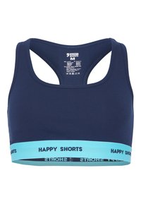 Soutien-gorge de sport bleu marine en coton et élasthanne, avec une bande élastique bleu clair portant l'étiquette "HAPPY SHORTS" en texte noir et un design dos nageur.