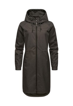 Longue veste grise foncée avec une capuche, dotée d'une fermeture éclair sur le devant, de cordons de serrage réglables et de poches latérales. Tissu lisse et texturé.