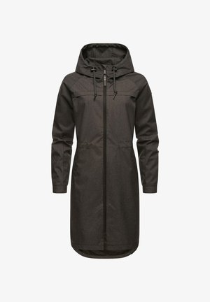 Pikk tumehall jope kapuutsiga, millel on ees lukuga sulgemine, reguleeritavad nöörid ja küljetaskud. Sile, tekstuuriga kangas.