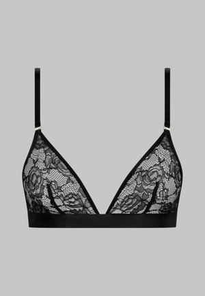 Schwarzer Spitzen-Bralette mit dreieckigen Cups, floralem Muster, fester schwarzer Borte, verstellbaren Trägern und goldfarbener Hardware an den Trägerbefestigungen.