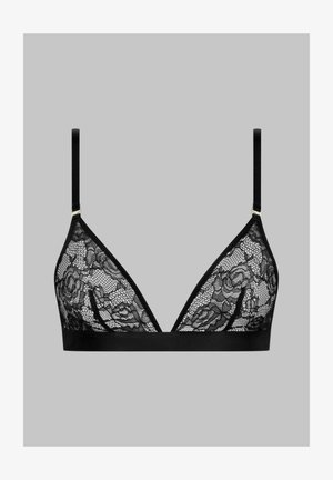 Schwarzer Spitzen-Bralette mit dreieckigen Cups, floralem Muster, fester schwarzer Borte, verstellbaren Trägern und goldfarbener Hardware an den Trägerbefestigungen.