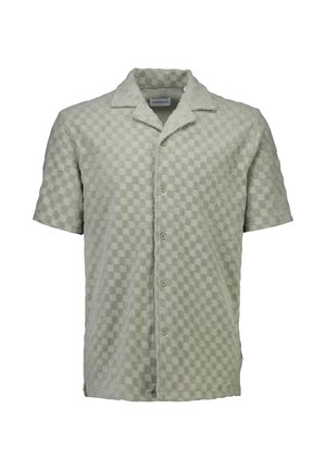 Heren overhemd met korte mouwen, knoopsluiting, lichtbeige geruit met textuur en een campkraag.