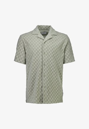 Heren overhemd met korte mouwen, knoopsluiting, lichtbeige geruit met textuur en een campkraag.