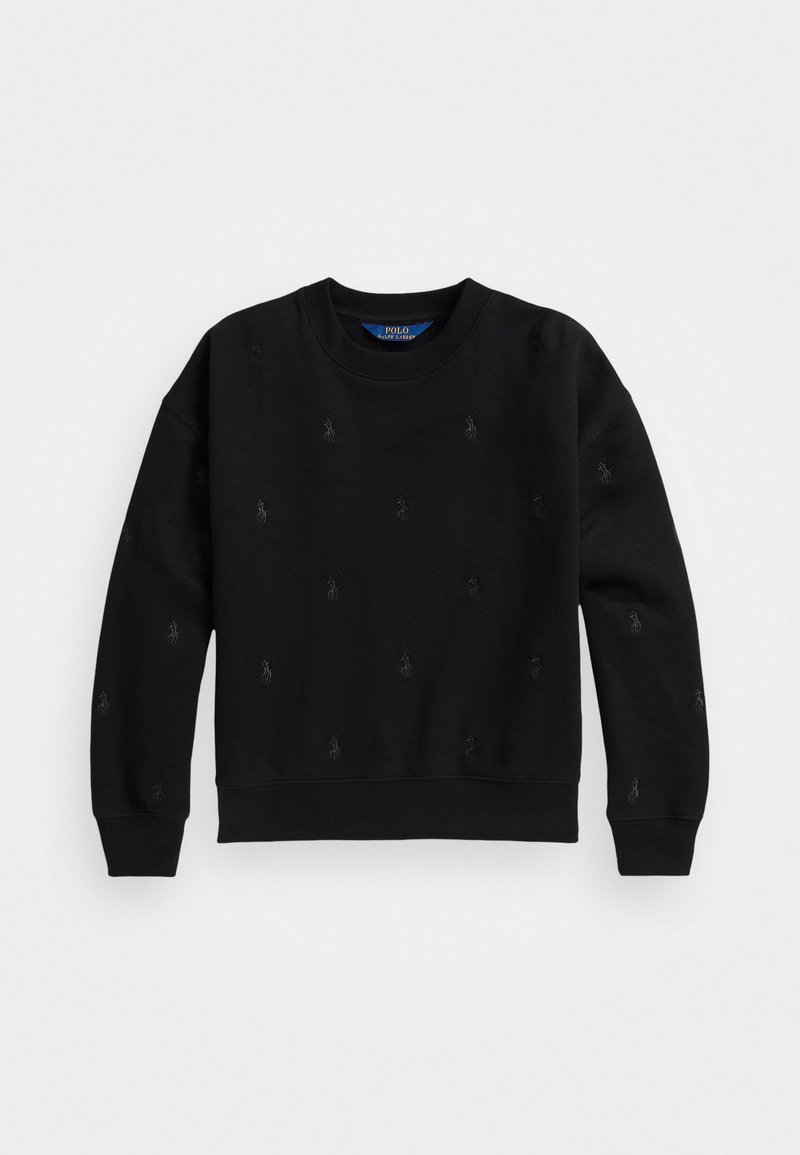 Sweatshirt preto feito de uma mistura de algodão, com decote redondo, mangas compridas e logos bordados subtis ao longo para um detalhe texturizado.