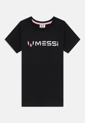 Must beežikas t-särk lühikeste varrukatega, ümmarguse kaelusega ja esiküljel disainiga, kus on sõna "MESSi" valgete ja roosade tähtedega.