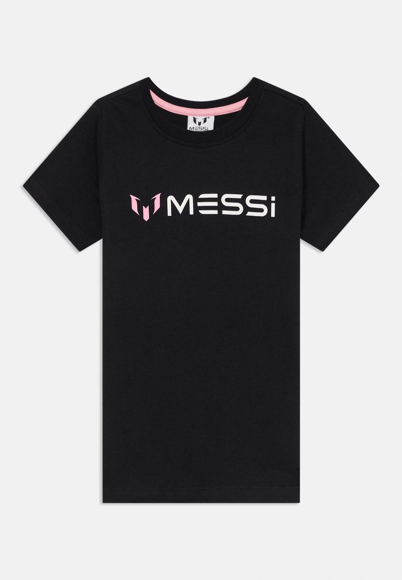 Svart bomull t-skjorte med korte ermer, rund hals og et frontdesign med ordet "MESSi" i hvit og rosa tekst.