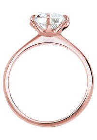 Anello di fidanzamento in oro rosa con diamante trasparente a taglio rotondo fissato in sei griffe, dotato di una fascia liscia e lucida.