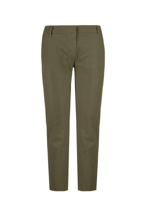 Olive zielone spodnie wykonane z gładkiego materiału, o dopasowanym kroju, z średnim stanem i bocznymi kieszeniami. Czyste linie z eleganckim wyglądem.