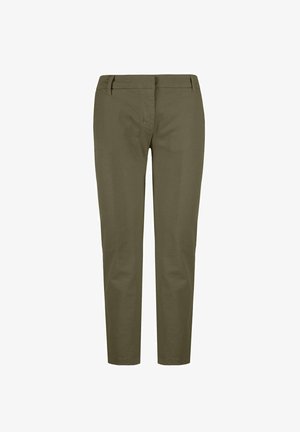 Olive zielone spodnie wykonane z gładkiego materiału, o dopasowanym kroju, z średnim stanem i bocznymi kieszeniami. Czyste linie z eleganckim wyglądem.