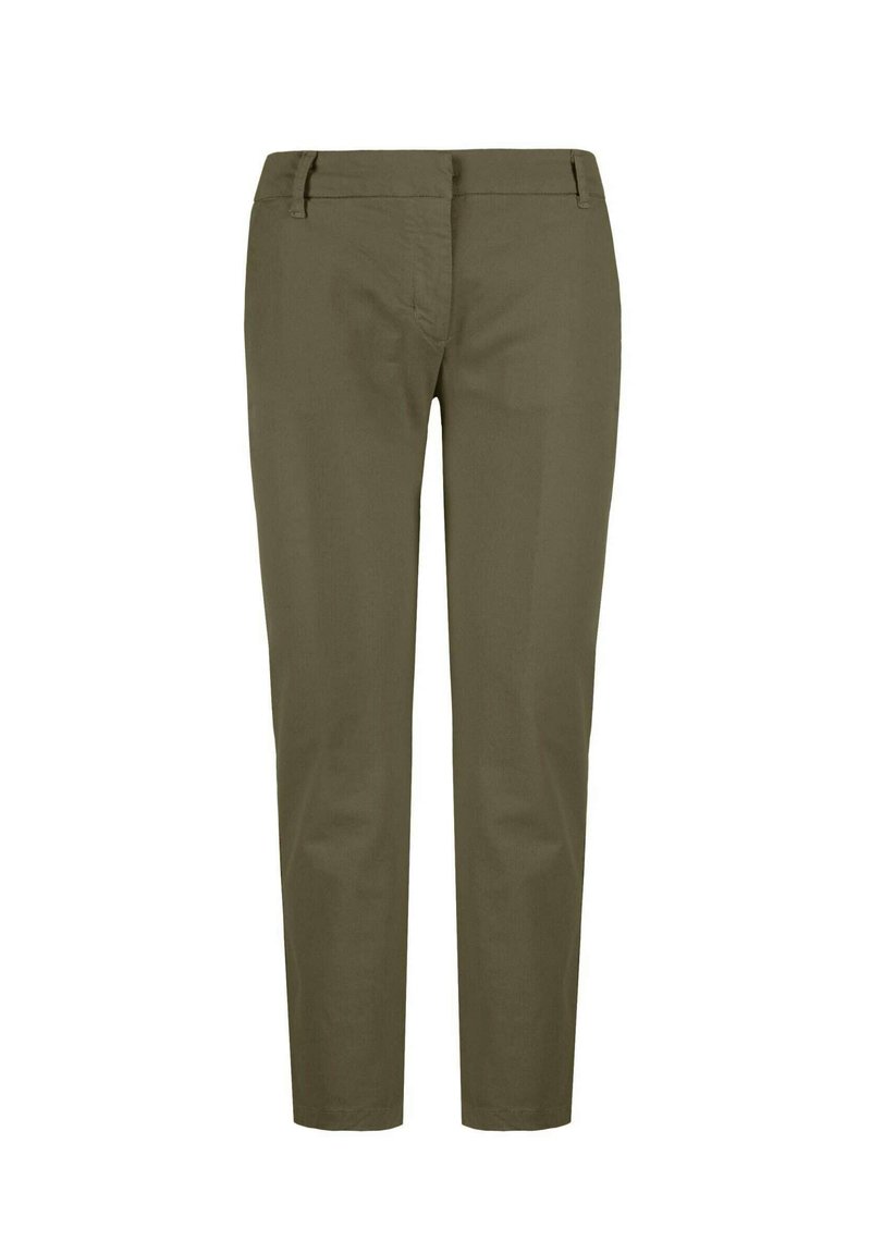 Olive zielone spodnie wykonane z gładkiego materiału, o dopasowanym kroju, z średnim stanem i bocznymi kieszeniami. Czyste linie z eleganckim wyglądem.