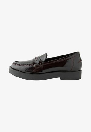 Glossy dark burgundy leather loafers with stitched detailing, a rounded toe, and a thick black rubber sole. Flat heel, classic design.