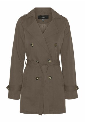 Rjav trenčkot z zadrgo, dvakrat zapet, z velikimi gumbi in ovratnikom. Narejen iz gladkega blaga, z dolgimi rokavi in stranskimi žepi.