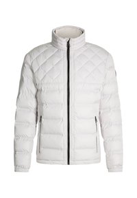 Weiße, profilierte Pufferjacke mit hohem Kragen, vorne mit Reißverschluss und zwei seitlichen Reißverschlusstaschen. Verfügt über eine glatte, glänzende Textur.