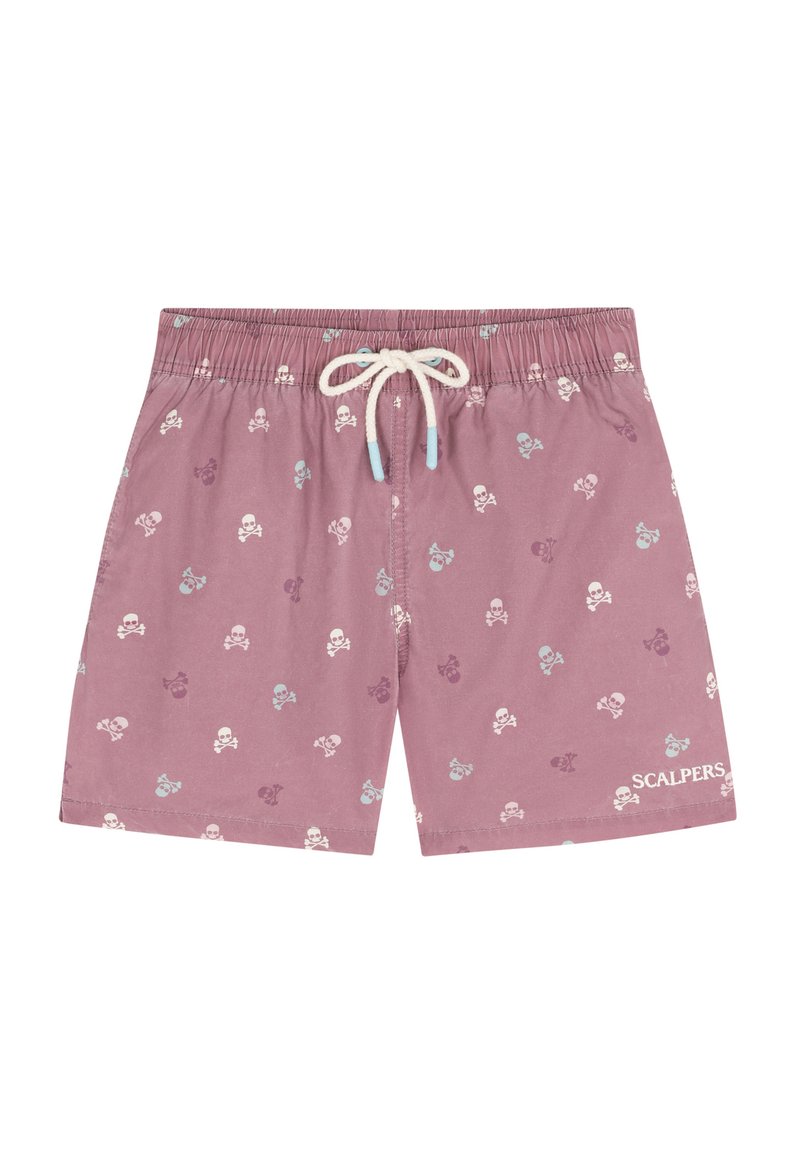 Shorts de bain rose clair avec un cordon de serrage à la taille, présentant un motif de têtes de mort répété en blanc et bleu clair. Logo sur la cuisse.