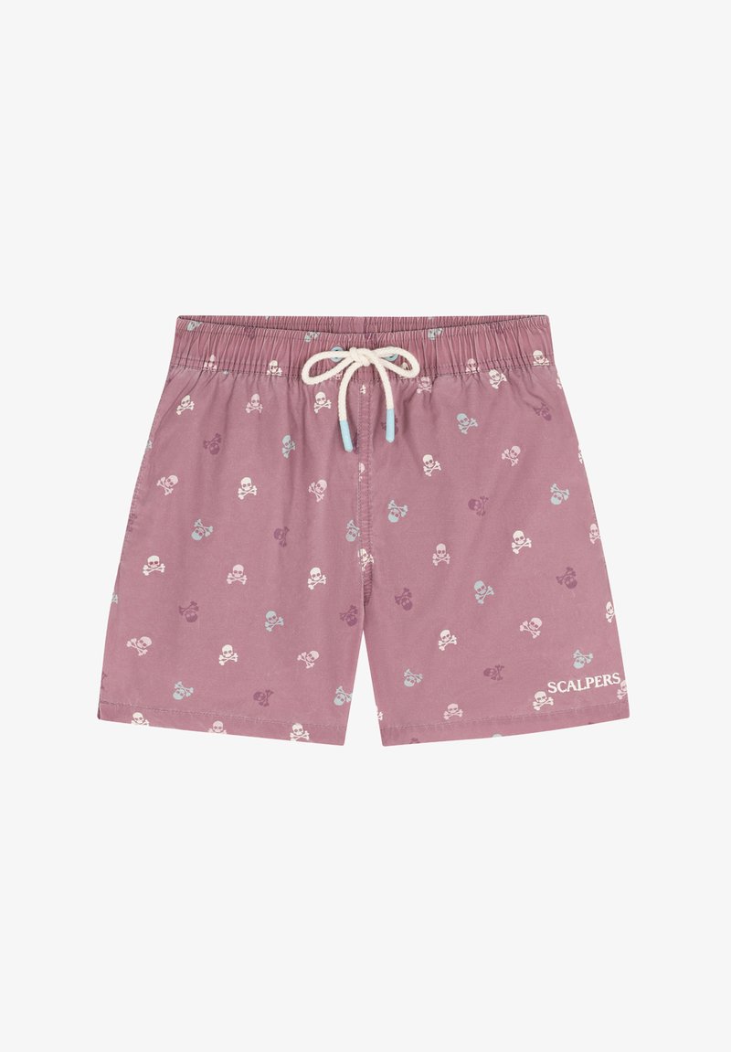 Jasnoróżowe szorty kąpielowe z elastycznym pasem ze sznurkiem, z powtarzającym się wzorem czaszek w białym i jasnoniebieskim kolorze. Logo na udzie.