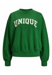 Sudadera verde hecha de una mezcla de algodón con escote redondo. Presenta el texto blanco "UNIQUE" impreso en el pecho. Mangas largas y dobladillo acanalado.