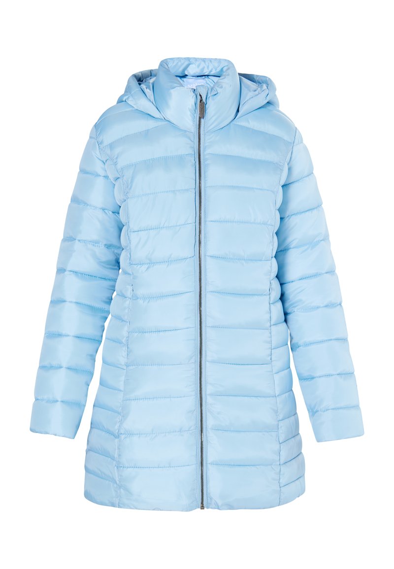 Lys blå pufferjakke med hætte, der har et horisontalt quiltet design, fuld frontlynlås og glat, blank tekstur.