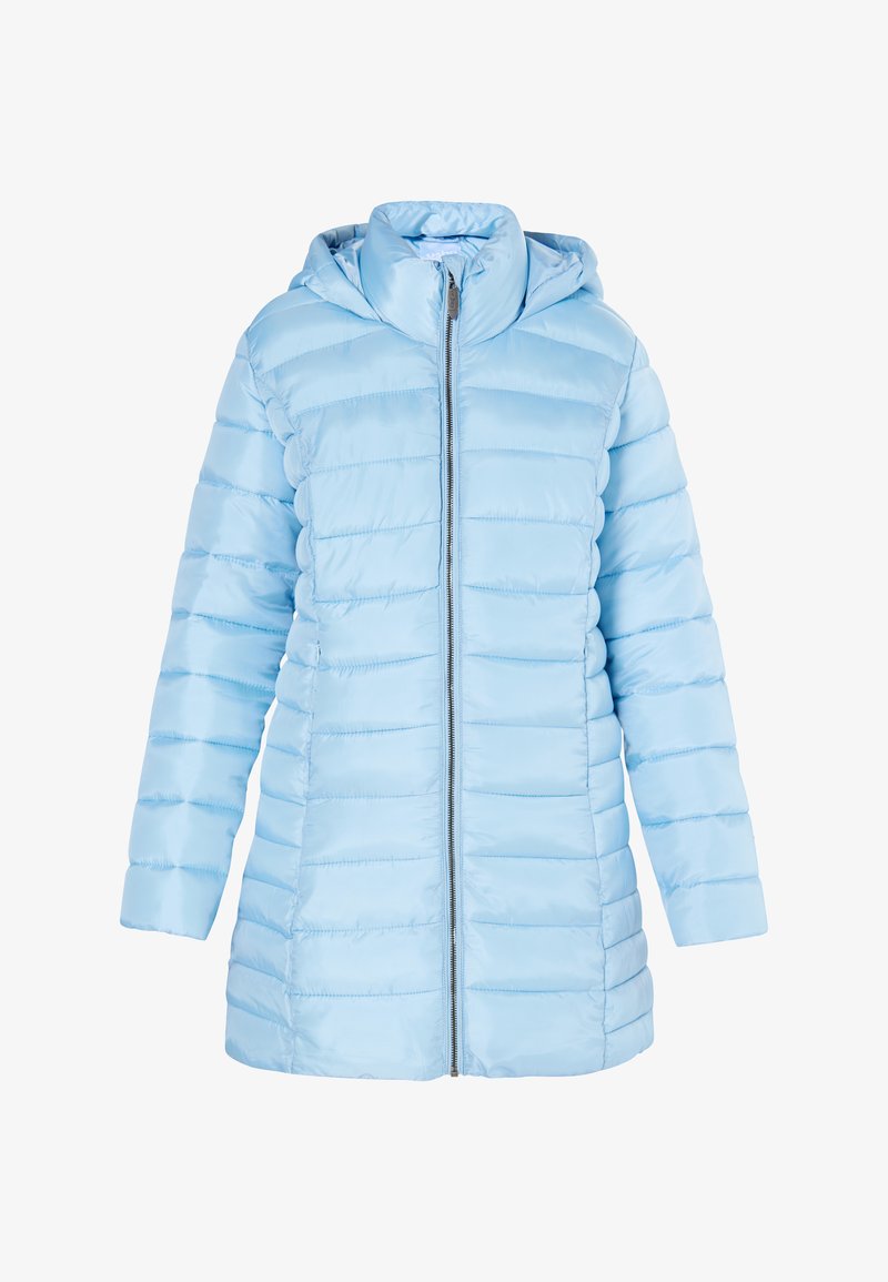 Chaqueta de plumón azul claro con capucha, que presenta un diseño acolchado horizontal, cremallera frontal completa y textura suave y brillante.