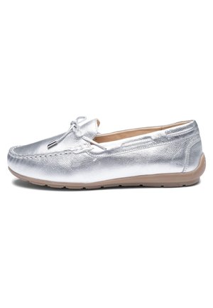 Silver leather slip-on moccasin with bow detail and beige rubber sole, shown in side profile on white background.