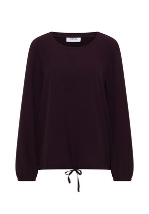Long-sleeve blouse in dark purple fabric with vertical stripes; features a round neckline and a tie detail at the hem.
