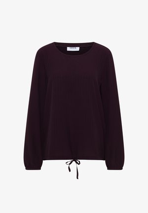 Langärmlige Bluse aus dunkelviolettem Stoff mit vertikalen Streifen; verfügt über einen runden Ausschnitt und eine Bindegarnitur am Saum.