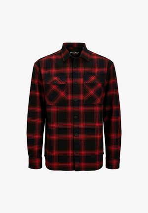 Rød og sort ternet flannelskjorte med to brystlommer, knaplukning foran og krave. Fremstillet af blødt, tekstureret stof.