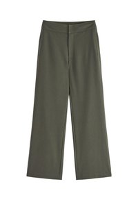 Pantaloni larghi color verde oliva con una vita alta e liscia e senza chiusure visibili. Realizzati in tessuto morbido per garantire comfort.