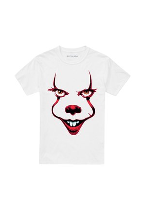 White T-shirt with a stylized red and black clown face showing sharp teeth and intense yellow eyes on the front.