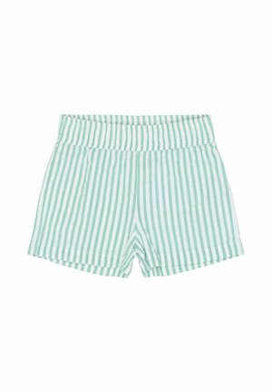 Pantalones cortos a rayas verdes y blancas hechos de tela ligera. Cuentan con una cintura elástica y un corte relajado con línea recta.