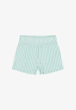 Grønne og hvide shorts med striber, lavet af letvægtsstof. Har elastisk talje og en løs pasform med lige snit.