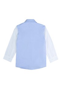 Camicia azzurro chiaro con maniche lunghe bianche. Presenta un colletto standard e polsini con bottone. Texture liscia, senza motivi visibili.