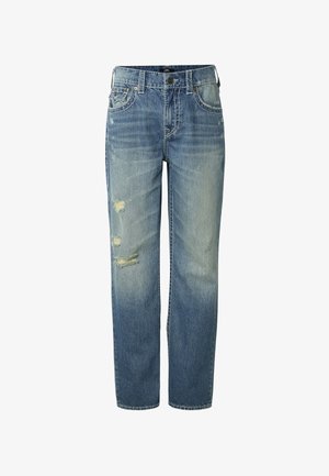 Jeans blu sbiaditi a gamba dritta con toppe usurate sulla coscia sinistra e sul ginocchio, tasche frontali, passanti per cintura e chiusura con bottone.