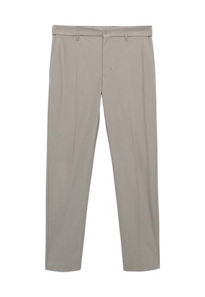 Pantalones de color gris claro, confeccionados en una tela suave, con un corte de pierna recta, bolsillos frontales y un cierre de botón con trabillas para cinturón.