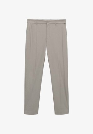 Pantalones de color gris claro, confeccionados en una tela suave, con un corte de pierna recta, bolsillos frontales y un cierre de botón con trabillas para cinturón.