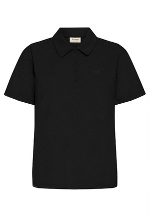 Melnā polo krekls, izgatavots no mīksta auduma, ar apkakli, īsām piedurknēm un trim pogām priekšā. Delikāts logs uz krūtīm.