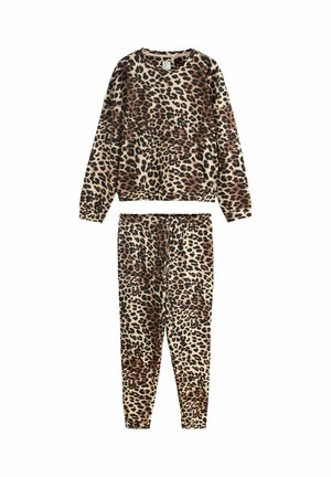 Set pozostávajúci z dlhorukávovej mikiny s leopardím vzorom a pásom dookola krku a zodpovedajúcich teplákov s elastickým pásom v hnedej, čiernej a béžovej farbe.