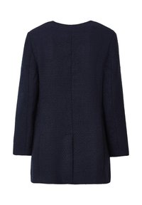 Giacca lunga a maniche lunghe di colore blu navy, con un taglio dritto, scollatura rotonda e cucitura centrale sul retro. Nessuna chiusura o dettaglio visibile.