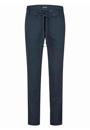 Navyblauwe broek vervaardigd uit een katoenmix, met een trekkoord-in-uiteinde, knoopsluiting en een rechte pijpdesign met een gladde textuur.