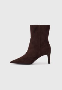 Brown suede ankle boot with a pointed toe, side panels, and a slim high heel, featuring a smooth texture and minimalist design.