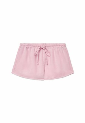Jasnoróżowe damskie szorty z elastycznym paskiem w talii i przednim sznurkiem, wykonane z lekkiego materiału, ułożone na płasko na białym tle.