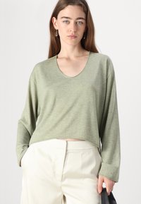 Light green, long-sleeve top with a scoop neckline and relaxed fit. Soft texture, cropped length, and slightly wide sleeves.