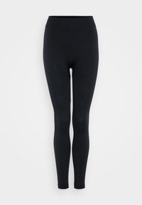Schwarze Leggings mit hohem Bund, aus einem dehnbaren, glatten Stoff. Sie sind eng anliegend und weisen keine sichtbaren Nähte oder Muster auf.