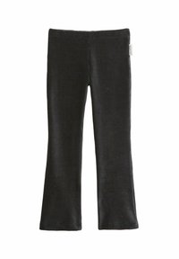 Zwarte corduroy flared broek met een gestructureerd oppervlak, voorzien van een elastische tailleband en een subtiele merklabel op de achterkant.