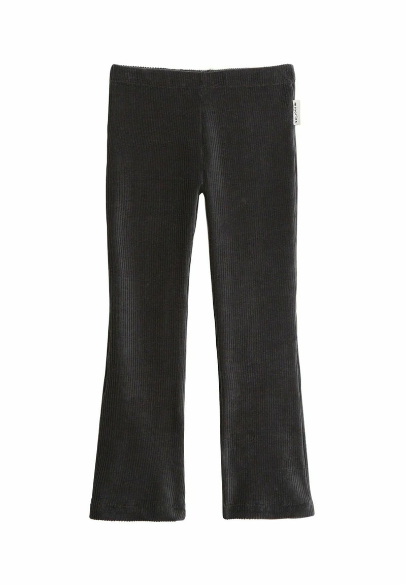 Zwarte corduroy flared broek met een gestructureerd oppervlak, voorzien van een elastische tailleband en een subtiele merklabel op de achterkant.