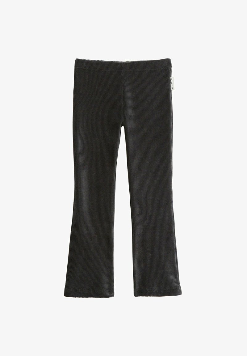 Zwarte corduroy flared broek met een gestructureerd oppervlak, voorzien van een elastische tailleband en een subtiele merklabel op de achterkant.