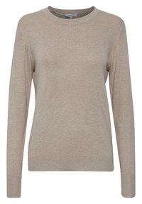 Beige Langarmpullover aus weichem Strickstoff mit Rundhalsausschnitt und gerippten Bündchen und Saum. Minimalistisches Design mit glatter Textur.